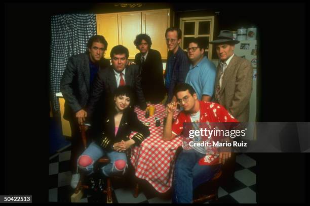 Hosts of HBO's Comedy Channel: seated, Rachel Sweet & Steve Higgins; Allan Havey, Kevin Meaney, Rich Hall, Dave Allen, Dave Higgins, Tommy Sledge.