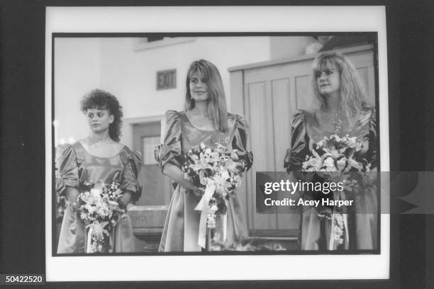 Actress Linda Hamilton standing & smiling w. Other bridesmaids incl. Dawn Mackey at wedding of actor friend John Voldstad.