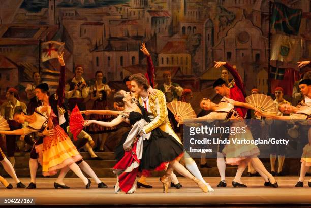 Russian dancers Anna Tikhomirova , Denis Rodkin , and cast perform during a dress rehearsal for the Bolshoi Ballet production of 'Don Quixote' during...
