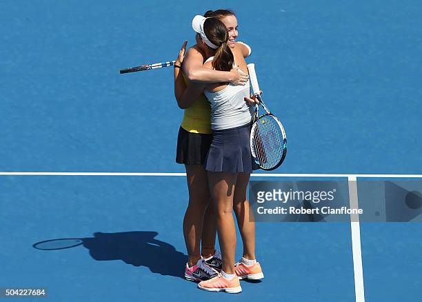 Kimberly Birrell of Australia and Jarmila Wolfe of Australia celebrate after defeating Kateryna Bondarenko of the Ukraine and Tatjana Maria of...