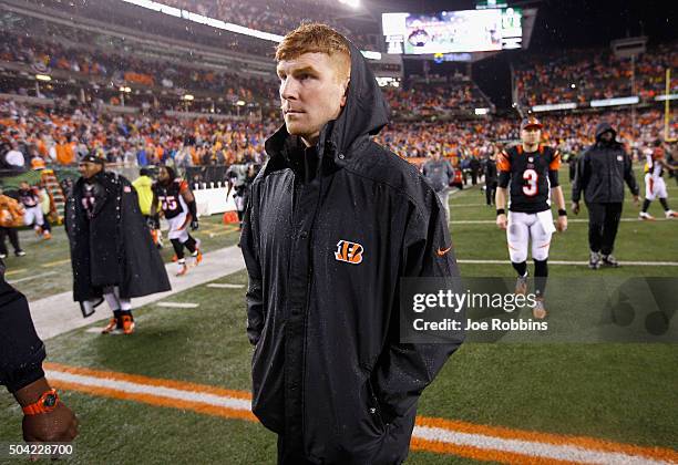 Andy Dalton of the Cincinnati Bengals walks off the field after the Pittsburgh Steelers defeat the Cincinnati Bengals with a score of 18 to 16 to win...