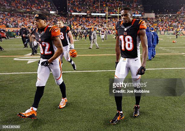 Marvin Jones of the Cincinnati Bengals and A.J. Green walk off the field after the Pittsburgh Steelers defeat the Cincinnati Bengals with a score of...