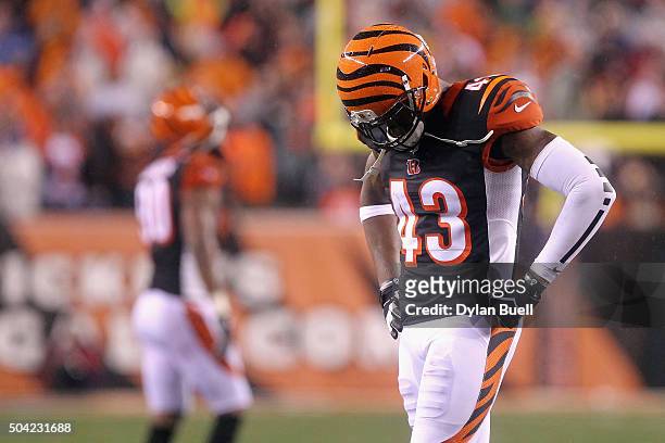 George Iloka of the Cincinnati Bengals reacts in the fourth quarter against the Pittsburgh Steelers during the AFC Wild Card Playoff game at Paul...