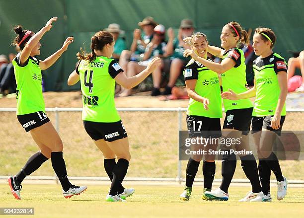 Caitlin Munoz of Canberra United celebrates with team mates after scoring a goal during the round 13 W-League match between Canberra United and the...