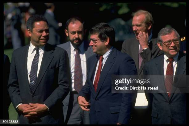 Aides Baker, Taft, Duberstein, unident. & Powell outside, during WH ceremony for Turkish Pres.