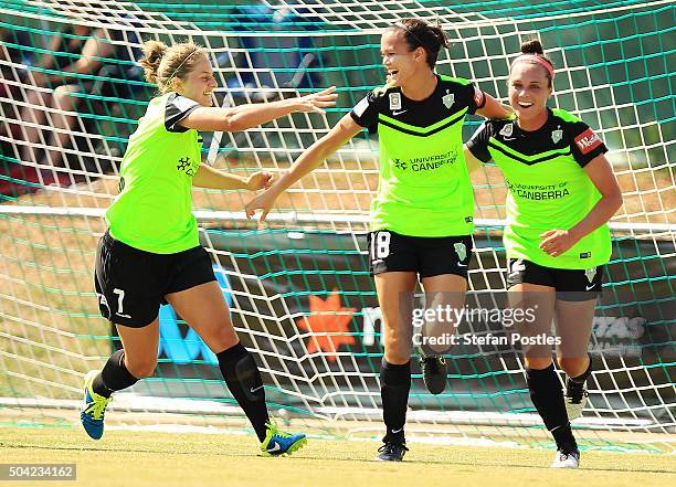 Rebecca Kiting of Canberra United celebrates with team mates after scoring a goal during the round 13 W-League match between Canberra United and the...