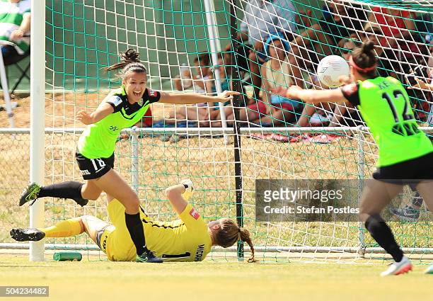 Rebecca Kiting of Canberra United celebrates after scoring a goal during the round 13 W-League match between Canberra United and the Western Sydney...