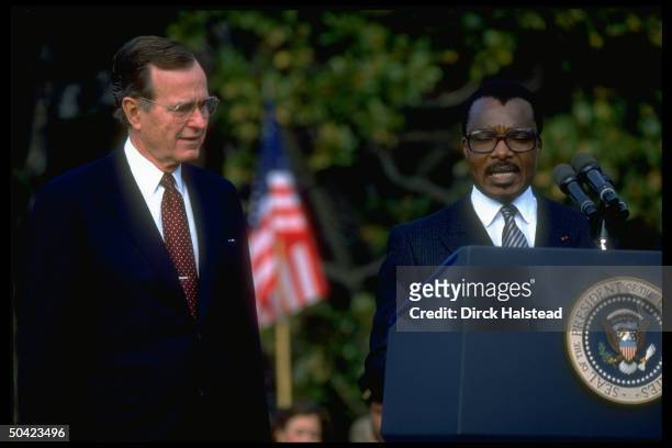 Pres. Bush w. Pres. Denis Sassou-Nguesso of Congo, speaking outside, at WH.