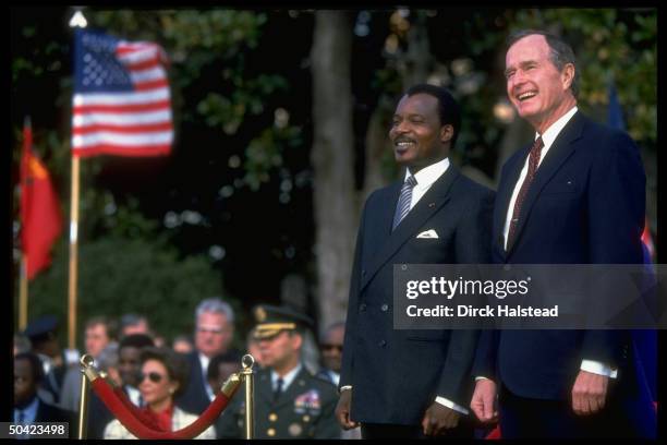 Pres. Bush w. Pres. Denis Sassou-Nguesso of Congo during WH departure/arrival fete.