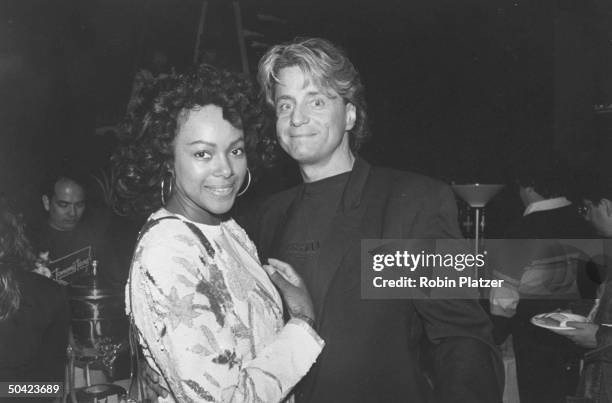 Deejay Shadoe Stevens w. His actress, wife Beverly Cunningham at backstage party for HBO's Comic IV, a telethon which raises money for the homeless,...