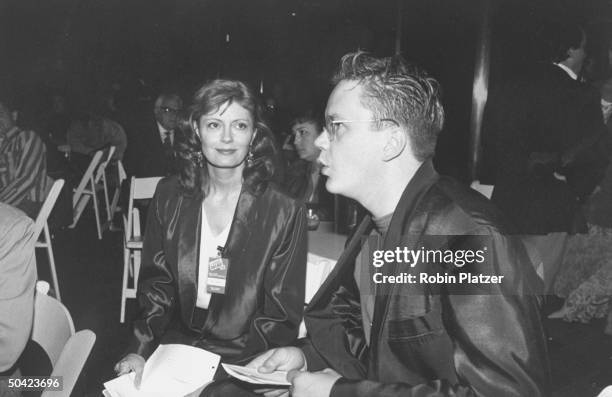 Actress Susan Sarandon w. Her beau, actor Tim Robbins, at party for HBO's Comic Relief IV, a fundraiser for the homeless, at Radio City Music Hall.