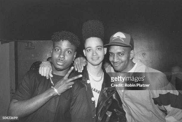 Rap vocal duo Kid 'N Play incl. Christopher Reid aka Kid w. Christopher Martin & their pal Mark Eastmond at party for HBO's Comic Relief IV, a...