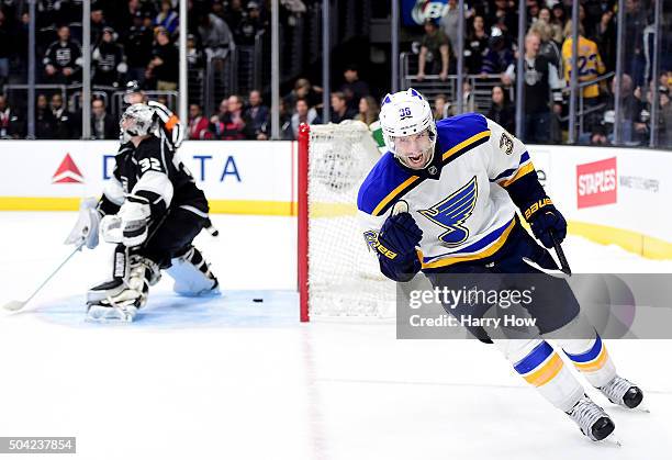 Troy Brouwer of the St. Louis Blues celebrates his overtime shootout goal past Jonathan Quick of the Los Angeles Kings for a 2-1 win at Staples...