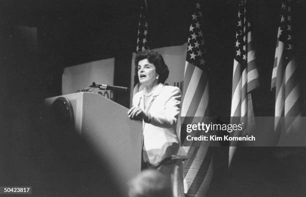 San Francisco Mayor & Dem. Gubernatorial hopeful Dianne Feinstein speaking at podium during campaign. Biltmore Hotel.