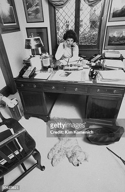San Francisco Mayor & Dem. Gubernatorial hopeful Dianne Feinstein on telephone sitting at desk in home office w. Cocker spaniel Maotai stretched out...