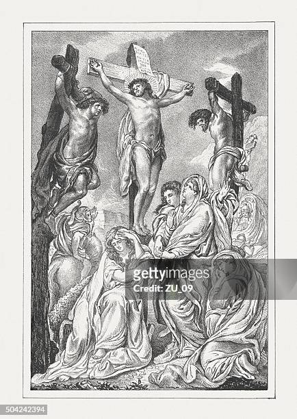 jesus' crucifixion, lithograph, published in 1850 - cambridgeshire stock illustrations