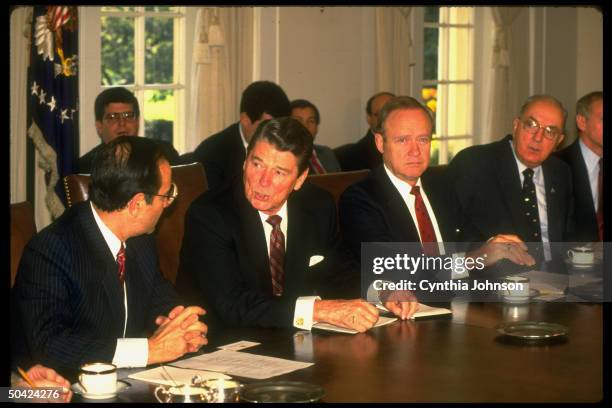 Pres. Reagan mtg. W. Sen. Steering Comm. Members Chic Hecht, Jim McClure & Jesse Helms, at WH.