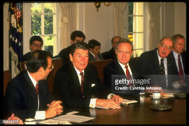 Pres. Reagan mtg. W. Sen. Steering Comm. Members Chic Hecht, Jim McClure & Jesse Helms, at WH.