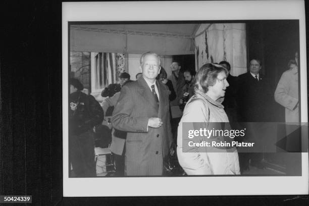 Ex-NYC mayor John Lindsay w. Wife Mary entering the Temple for funeral of former head of CBS, William Paley.