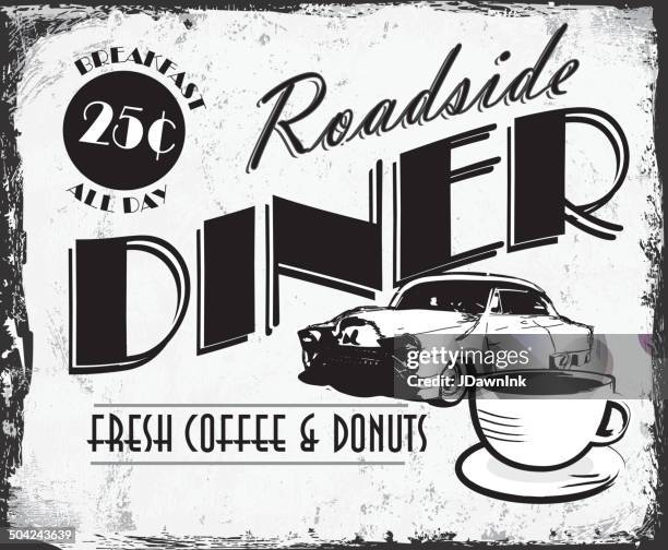 vintage roadside diner with classic car coffee tin advertisement sign - rusty car stock illustrations