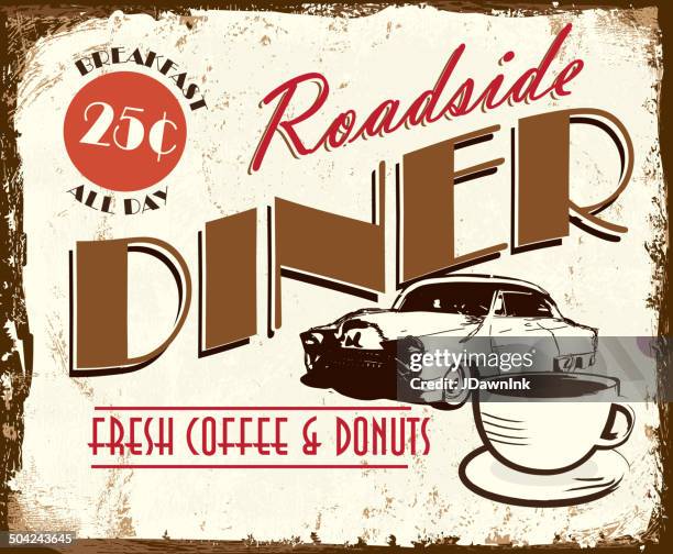 vintage roadside diner with classic car coffee tin advertisement sign - rusty car stock illustrations