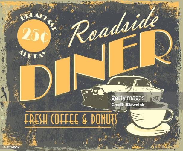 vintage rustic roadside diner  classic car coffee tin advertisement sign - rusty stock illustrations
