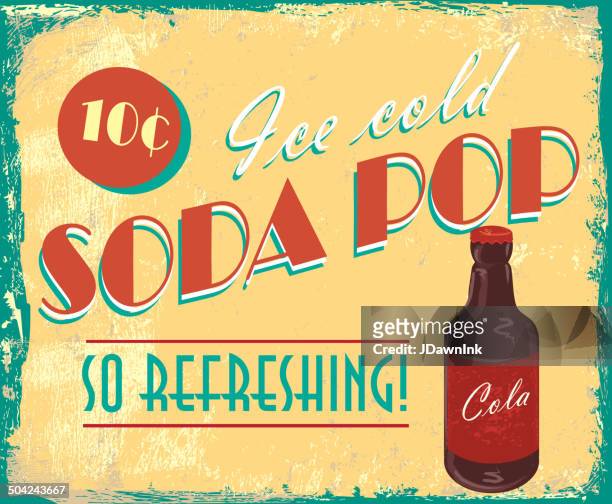 ilustraciones, imágenes clip art, dibujos animados e iconos de stock de lata de refresco pop anuncio vintage cartel con el lote de textura de - bebida fría
