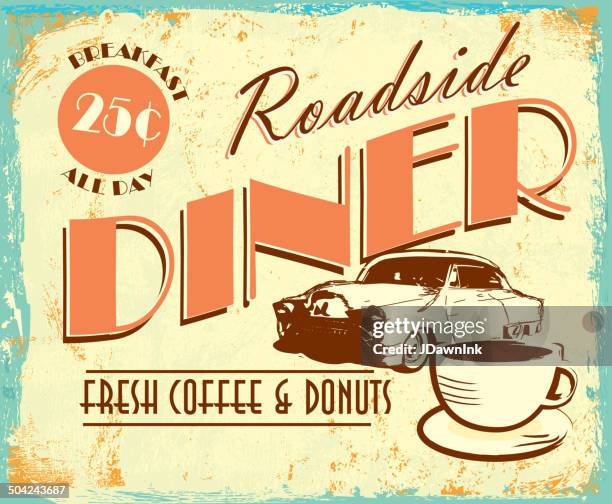 vintage colorful roadside diner with classic car coffee tin advertisement - rusty car stock illustrations