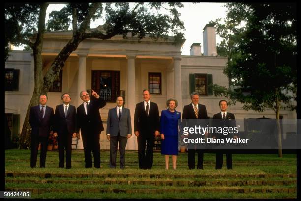Economic Summit ldrs. Toshiki Kaifu, Brian Mulroney, Maggie Thatcher, Bush, Francois Mitterrand, Helmut Kohl, Giulio Andreotti & Jacques Delors.