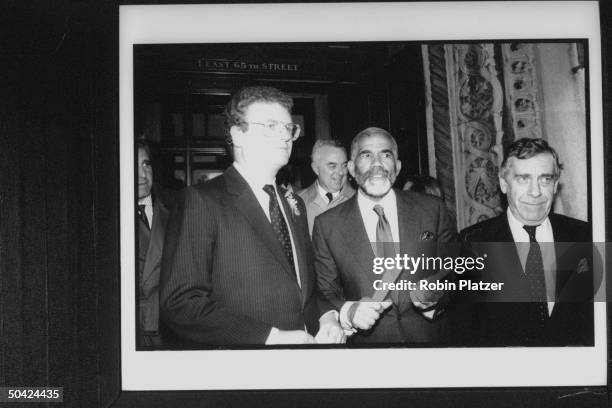 Pres. CBS Broadcast Group Howard Stringer , newsman Ed Bradley , and newsman Morley Safer leaving Temple where William S. Paley's funeral was...