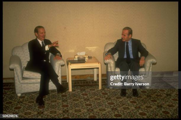 Pres. Hafez Al Assad engaging in post-gulf war mtg. W. US State Secy. Jim Baker.