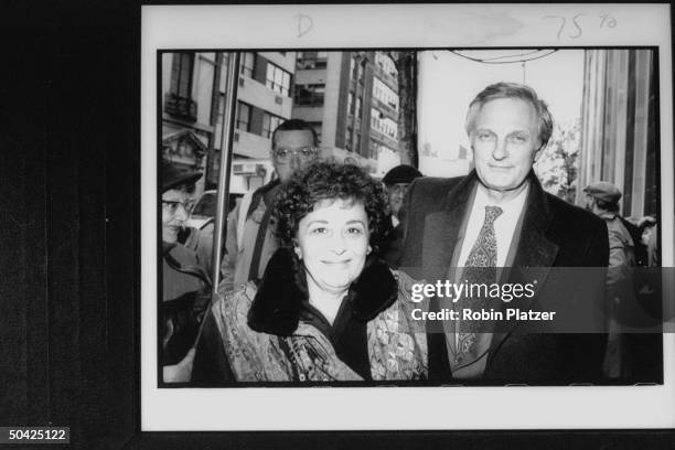 Actor Alan Alda and his wife Arlene leaving Temple Emanu-El following funeral of former head of CBS, William Paley.