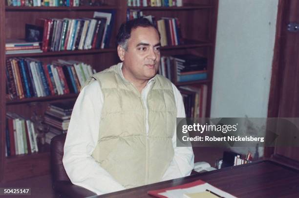 Congress Party ldr. Former PM Rajiv Gandhi at home, hoping to regain reins of power after resignation of PM Chandra Shekhar.