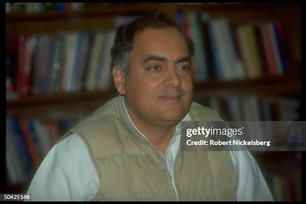 Congress Party ldr. Former PM Rajiv Gandhi at home, hoping to regain reins of power after resignation of PM Chandra Shekhar.