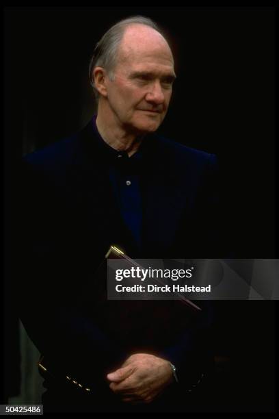 Adviser Brent Scowcroft listening during press conf. Held by Pres. & State Secy. Re post-gulf war Mideast refugee & Arab-Israeli peace woes.