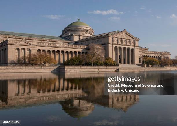 View across the lagoon of the south facade of the Museum of Science and Industry and lagoon, Chicago, Illinois, 2008.