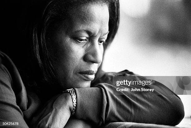 Close-up of Myrlie Evers, the widow of slain civil rights leader Medgar Evers, . At the time, officials were considering the possibility of a new...