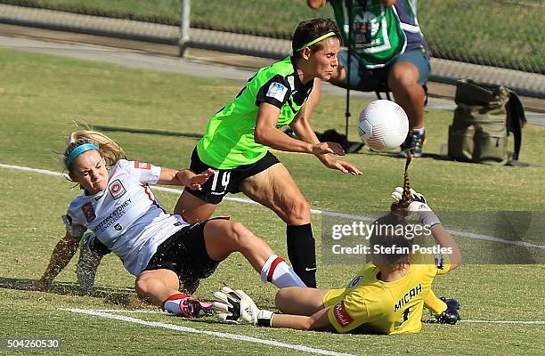 Teagan Micah of the Wanderers stops Ashleigh Sykes of Canberra United from scoring during the round 13 W-League match between Canberra United and the...