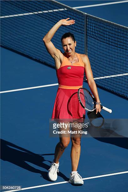 Jelena Jankovic of Serbia celebrates winning match point in her match against CoCo Andeweghe of the United States during day one of the 2016 Sydney...