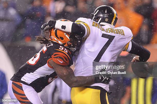 Vontaze Burfict of the Cincinnati Bengals sacks Ben Roethlisberger of the Pittsburgh Steelers in the third quarter during the AFC Wild Card Playoff...