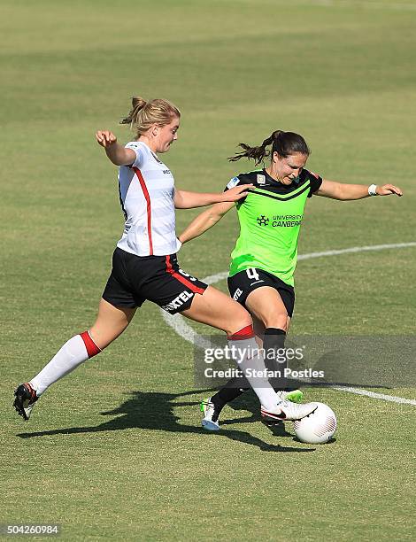 Elizabeth Grey of the Wanderers and Kendall Fletcher of Canberra United contest possession during the round 13 W-League match between Canberra United...