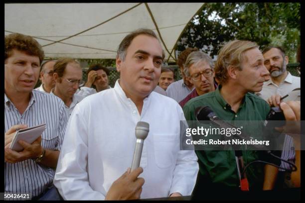 Congress Party ldr., former PM Rajiv Gandhi speaking to press, musing on positives & negatives of his tenure as PM.