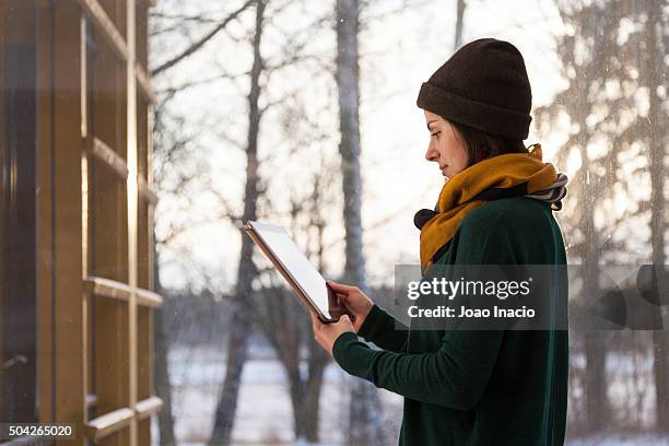 woman using tablet at home (winter). helsinki, finland - helsinki snow stock pictures, royalty-free photos & images