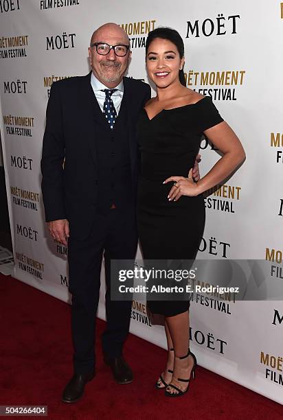 President Lorenzo Soria and actress Gina Rodriguez attend Moet & Chandon Celebrates 25 Years at the Golden Globes on January 8, 2016 in West...