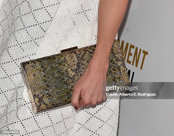 Personality Louise Roe, purse detail, attends Moet & Chandon Celebrates 25 Years at the Golden Globes on January 8, 2016 in West Hollywood,...