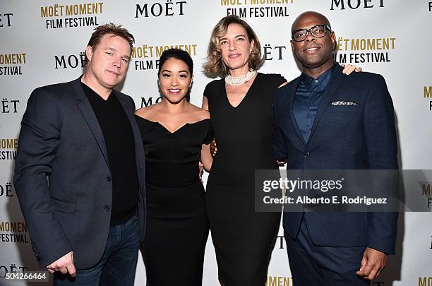 Producer David Guillod, actress Gina Rodriguez, Rachel Sheedy and Ryan Tarpley attend Moet & Chandon Celebrates 25 Years at the Golden Globes on...