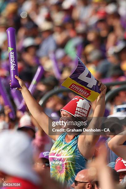 Hurricanes fan shows her support during the Big Bash League match between the Hobart Hurricanes and the Perth Scorchers at Blundstone Arena on...