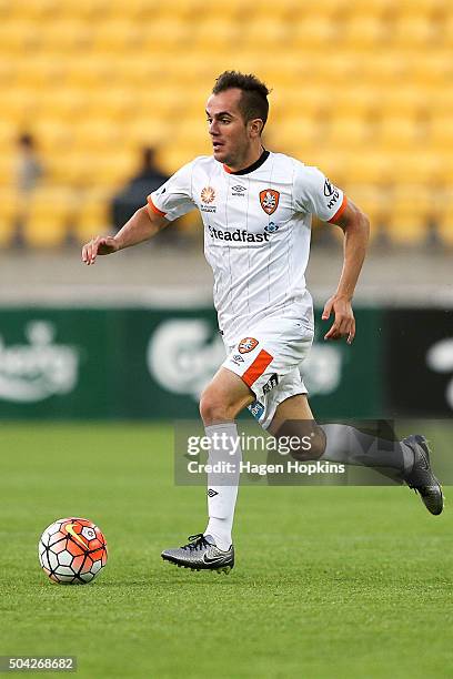 Steven Lustica of the Roar in action during the round 14 A-League match between the Wellington Phoenix and the Brisbane Roar at Westpac Stadium on...