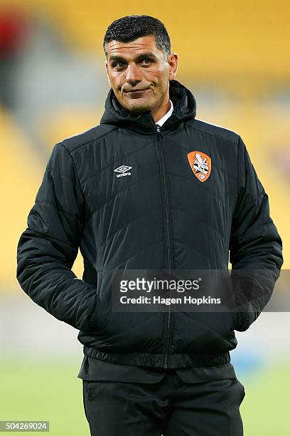 Coach John Aloisi of the Roar looks on during the round 14 A-League match between the Wellington Phoenix and the Brisbane Roar at Westpac Stadium on...