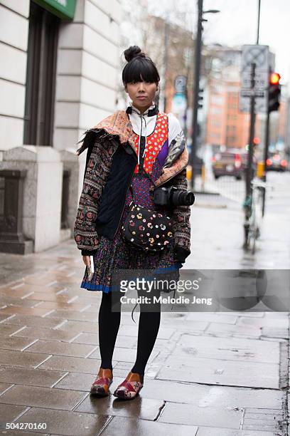 Susie Bubble wears a mixed prints and a Babyghost jacket during The London Collections Men AW16 at Victoria House on January 9, 2016 in London,...